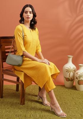Yellow Striped Cotton Kurta Set