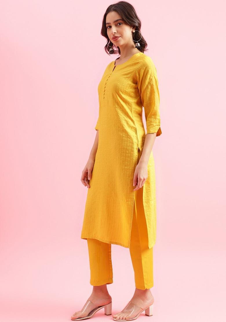 Yellow Striped Cotton Kurta Set - Indya