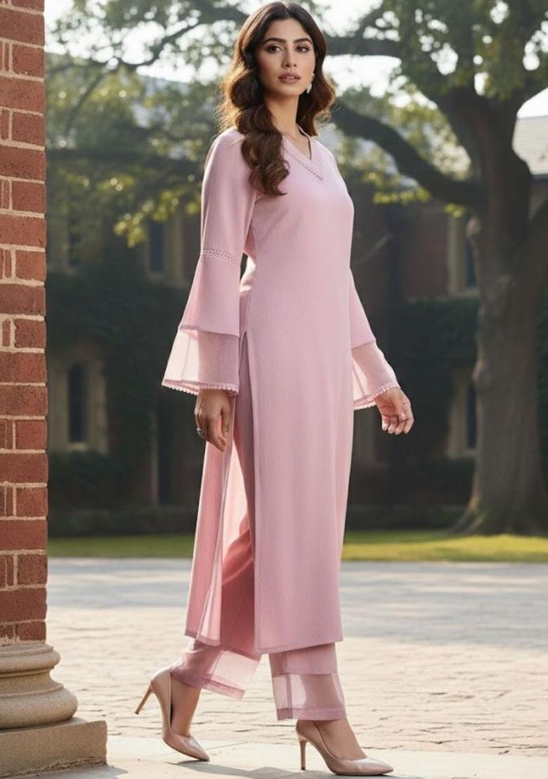 Pink Solid Silk Kurta Set - Indya