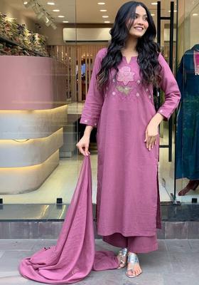 Pink Self Design Silk Blend Kurta Set
