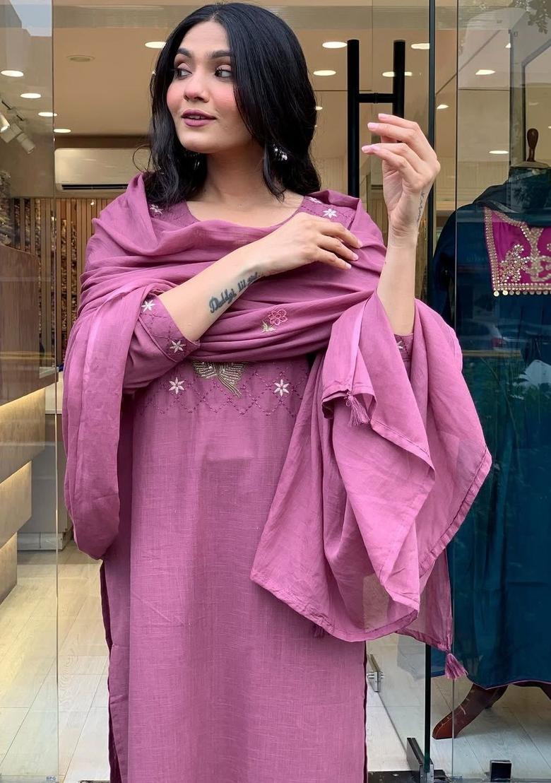 Pink Self Design Silk Kurta Set - Indya