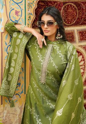 Olive Printed Silk Blend Kurta Set