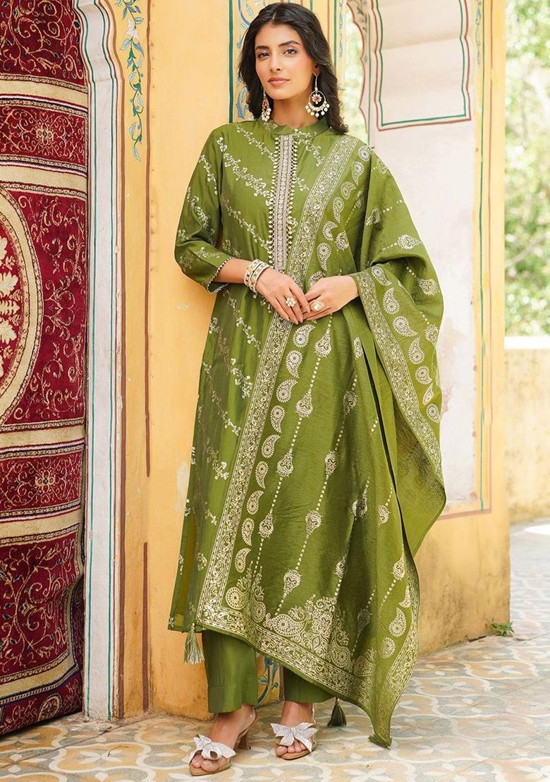 Olive Printed Silk Kurta Set - Indya