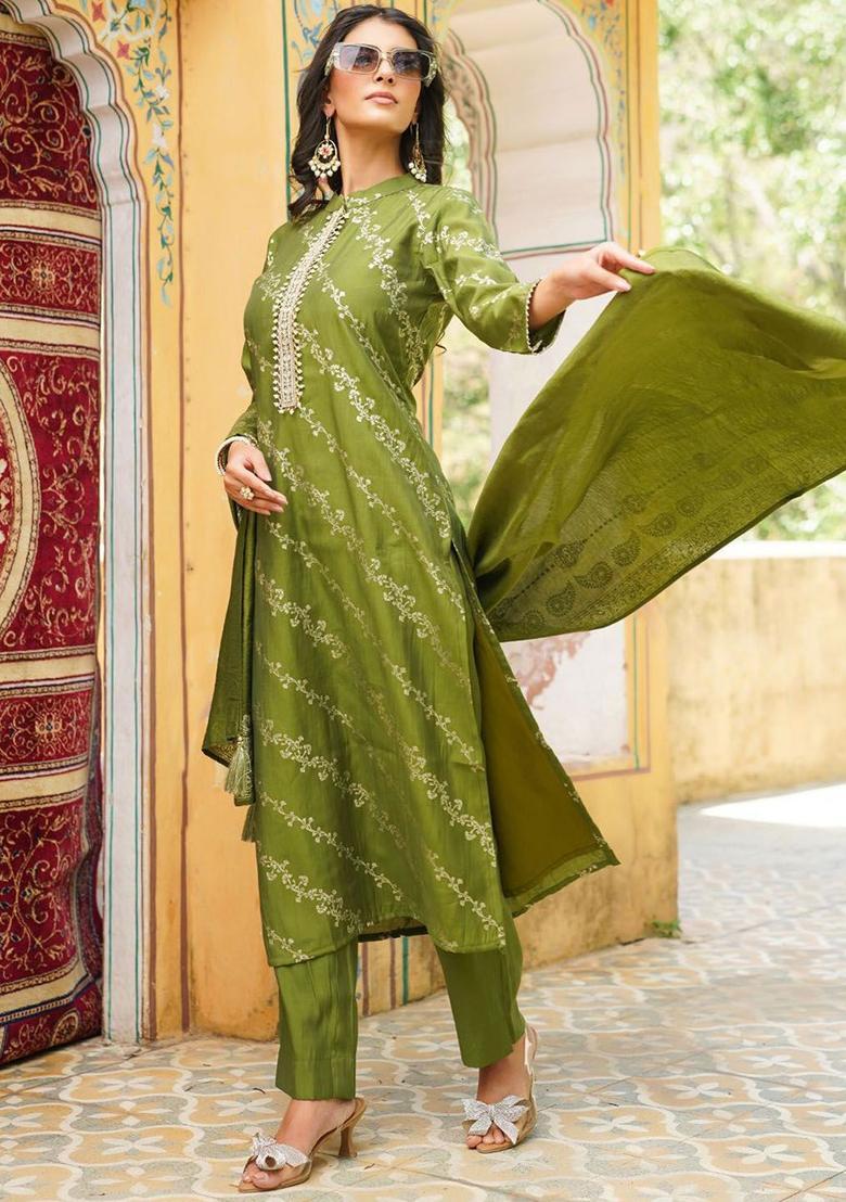 Olive Printed Silk Kurta Set - Indya