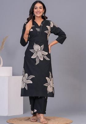 Black Printed Cotton Kurta Set
