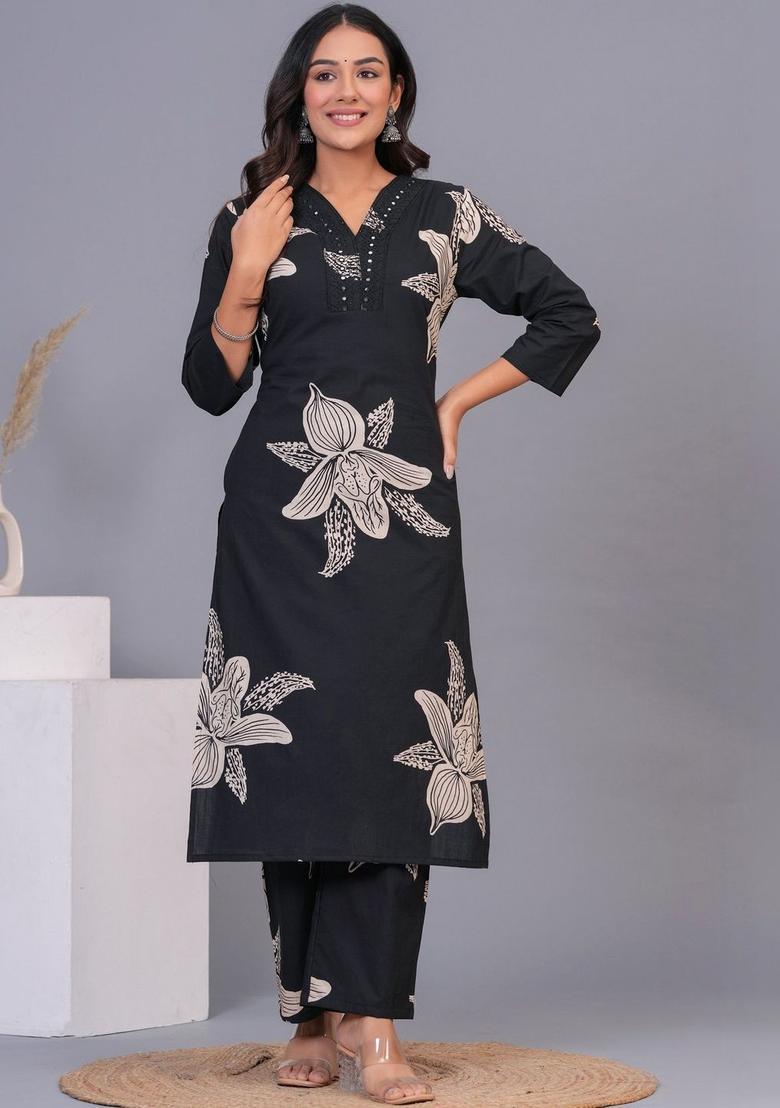 Black Printed Cotton Kurta Set - Indya