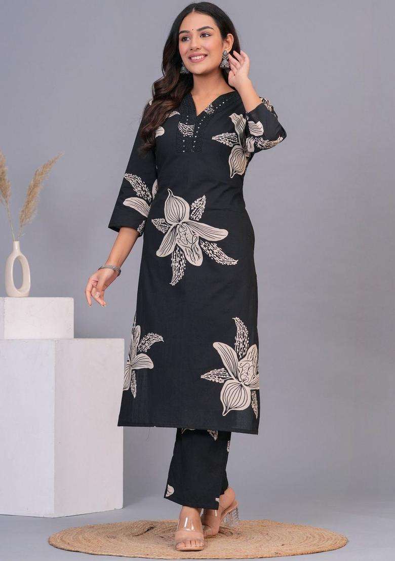 Black Printed Cotton Kurta Set - Indya