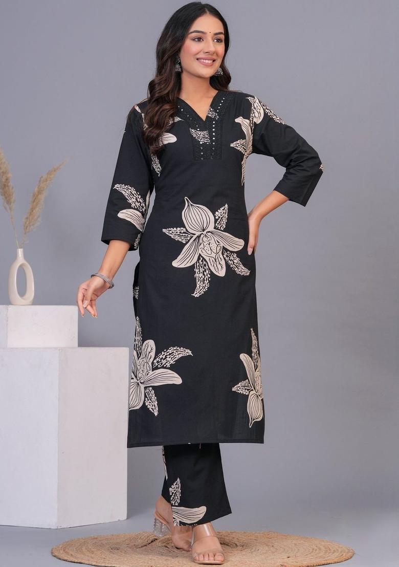 Black Printed Cotton Kurta Set - Indya