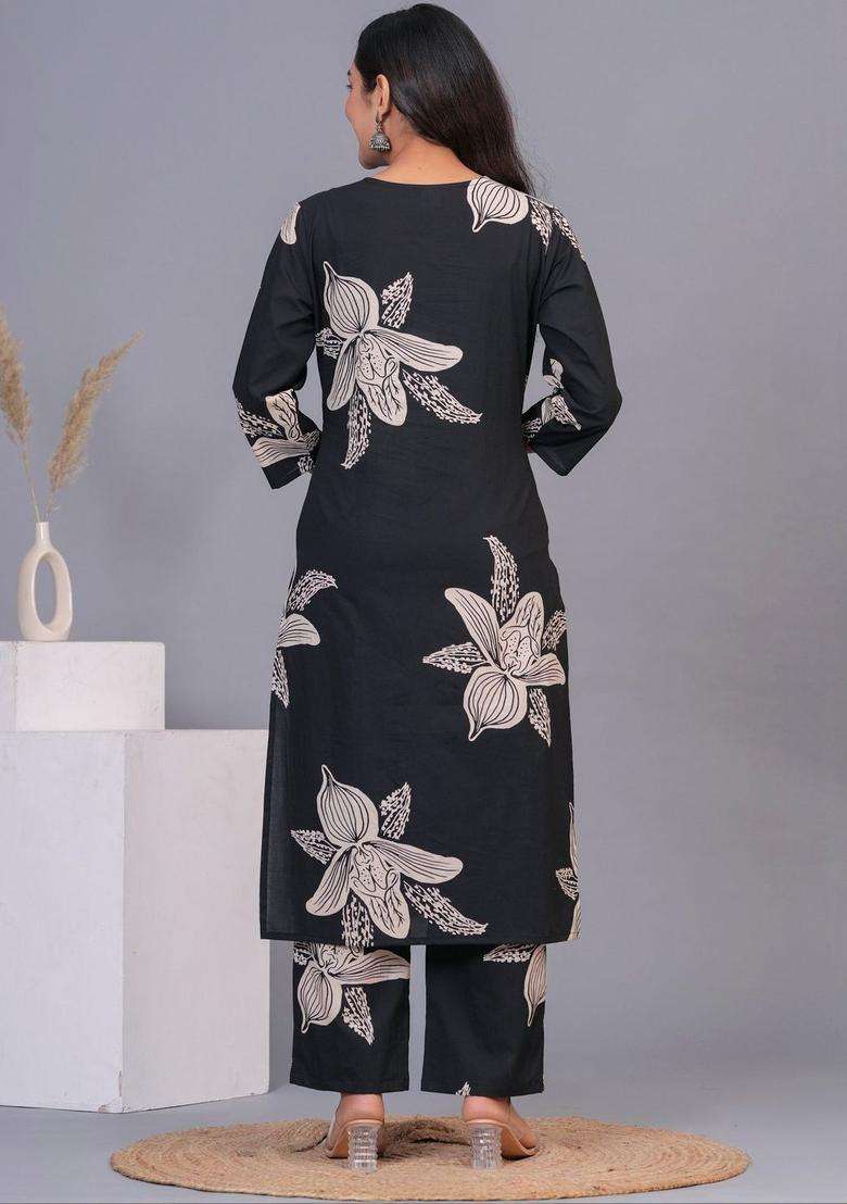 Black Printed Cotton Kurta Set - Indya
