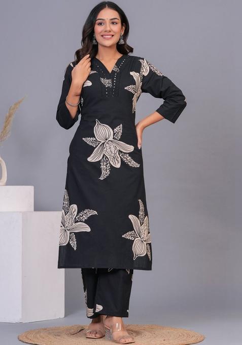 Black Printed Cotton Kurta Set