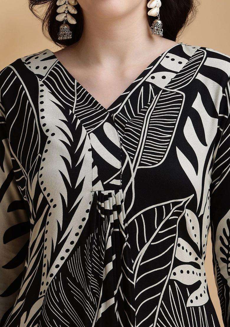 Black Printed Viscose Kurta Set - Indya