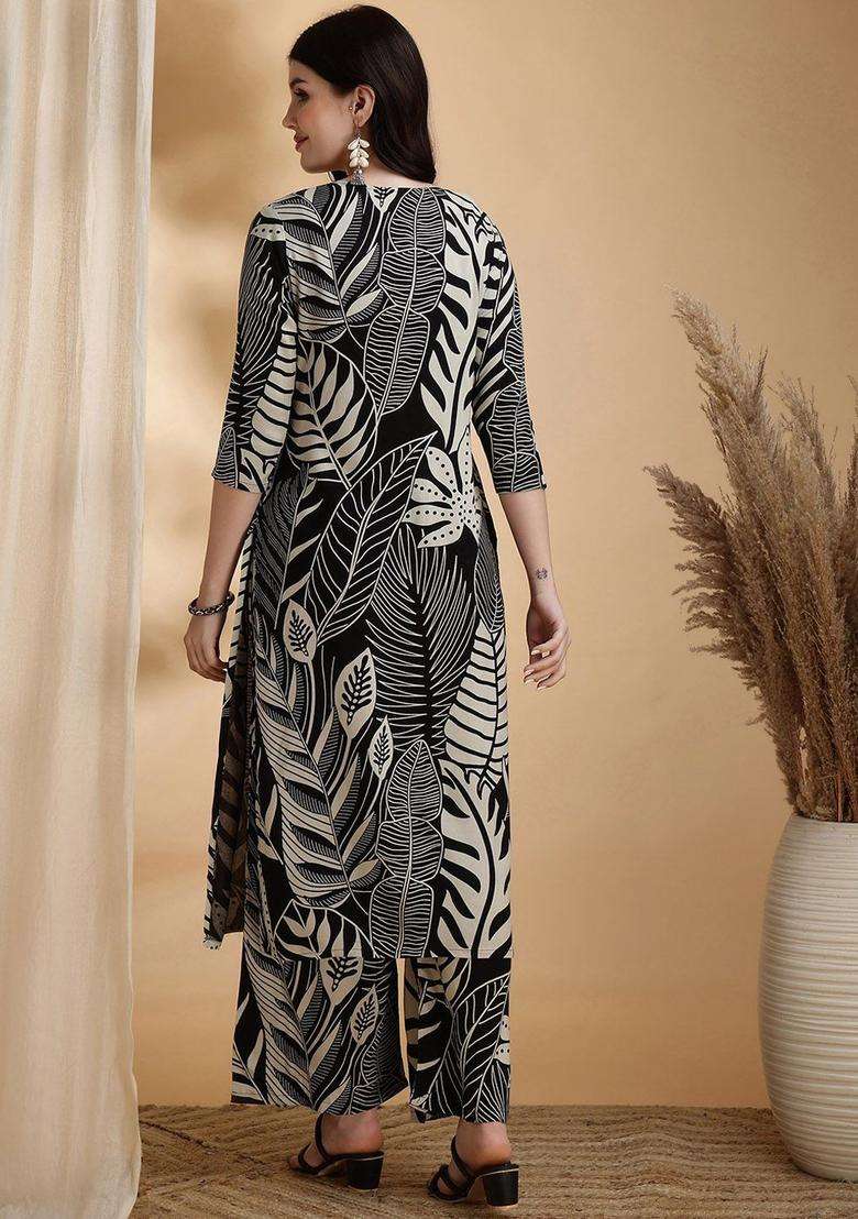 Black Printed Viscose Kurta Set - Indya
