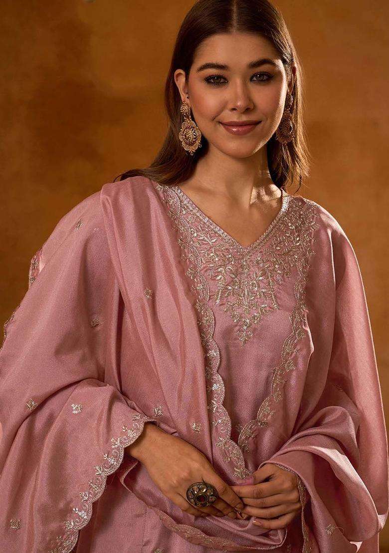Peach Embroidered Silk Kurta Set - Indya