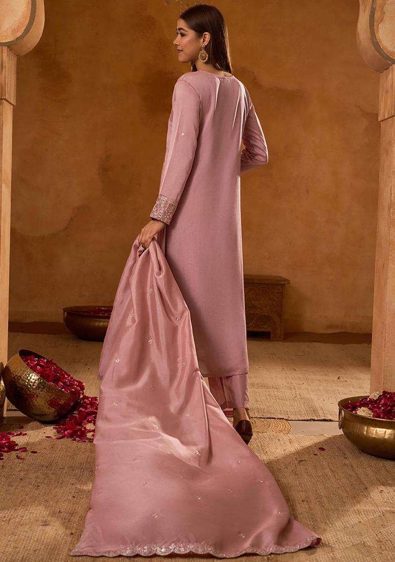Peach Embroidered Silk Kurta Set - Indya