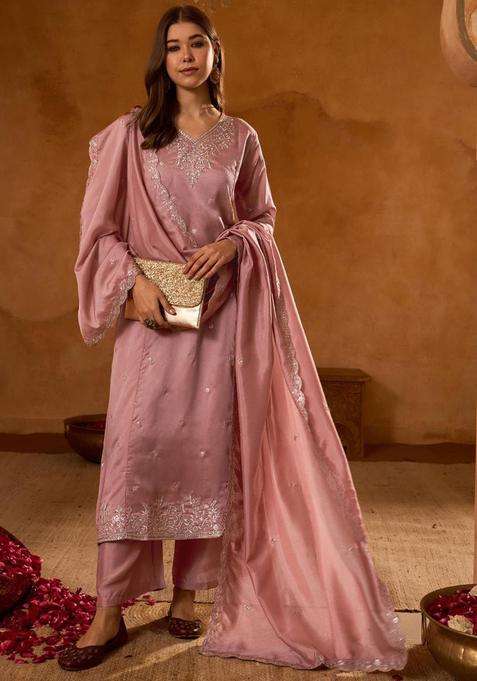 Peach Embroidered Silk Kurta Set