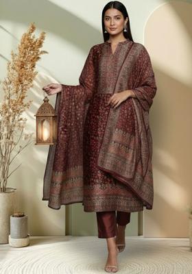 Maroon Printed Silk Kurta Set
