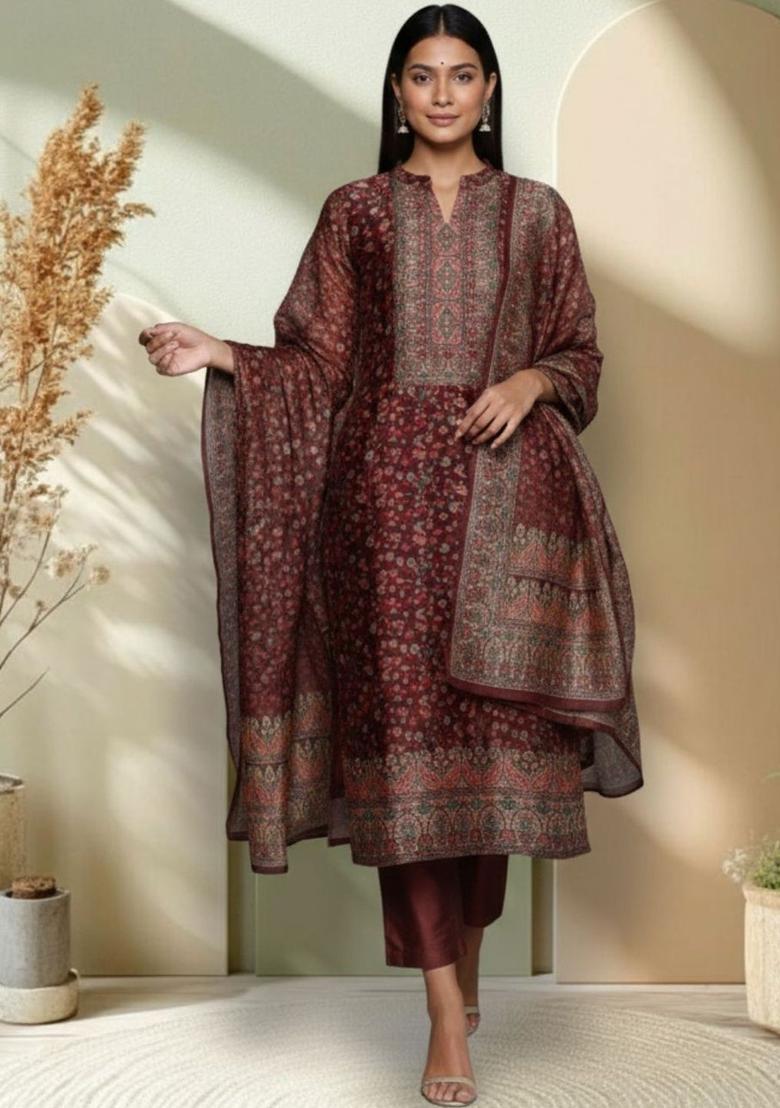 Maroon Printed Silk Kurta Set - Indya