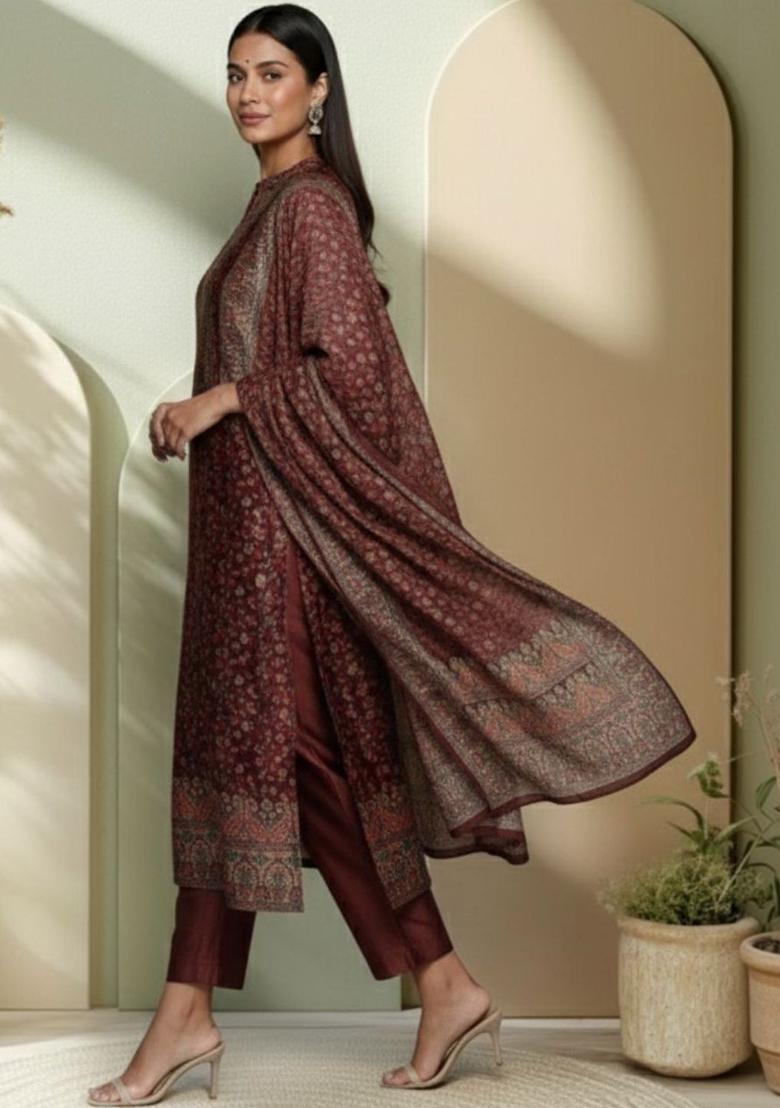 Maroon Printed Silk Kurta Set - Indya