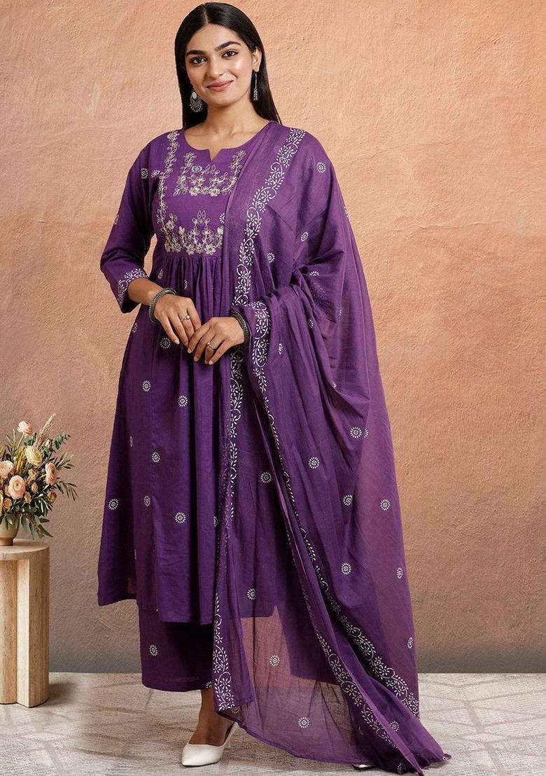 Purple Embroidered Viscose Kurta Set - Indya