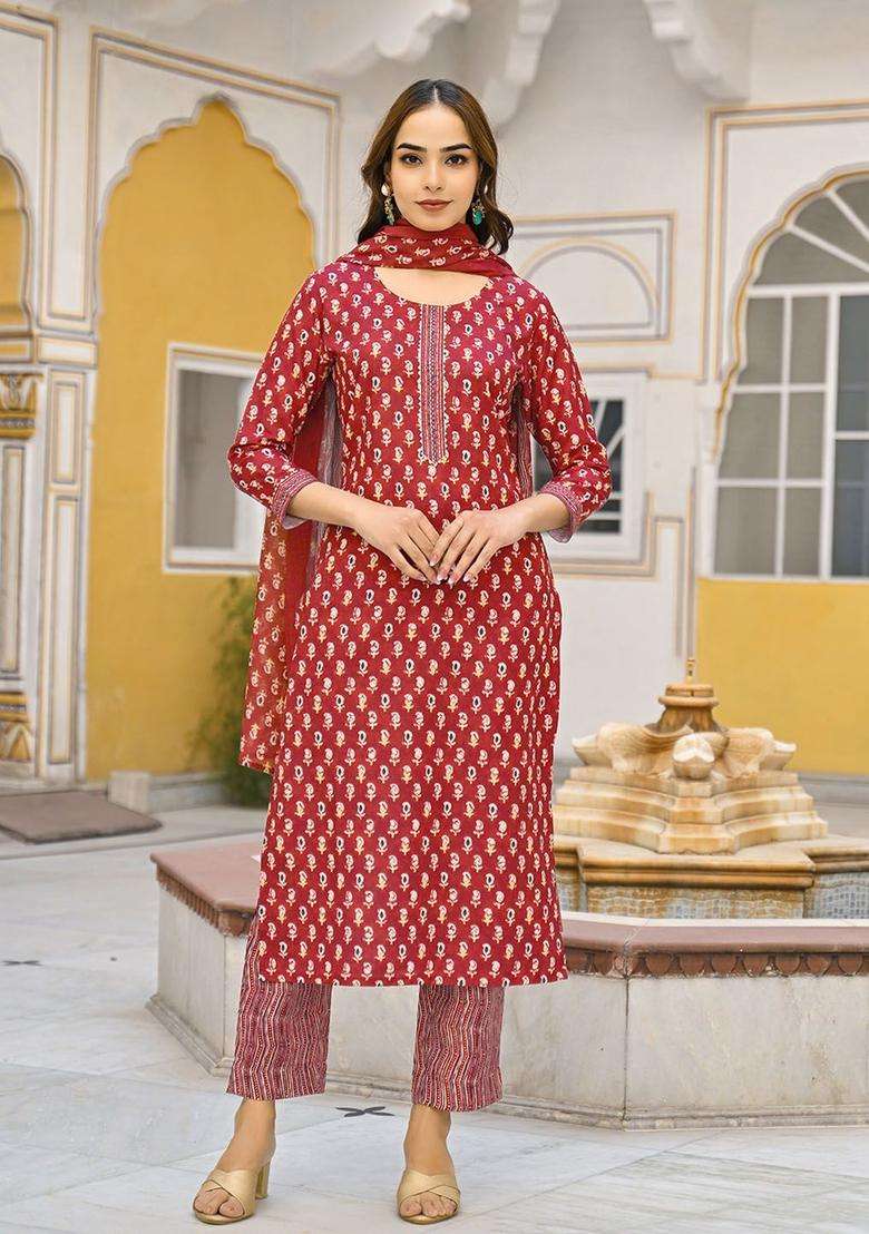 Maroon Printed Viscose Kurta Set - Indya
