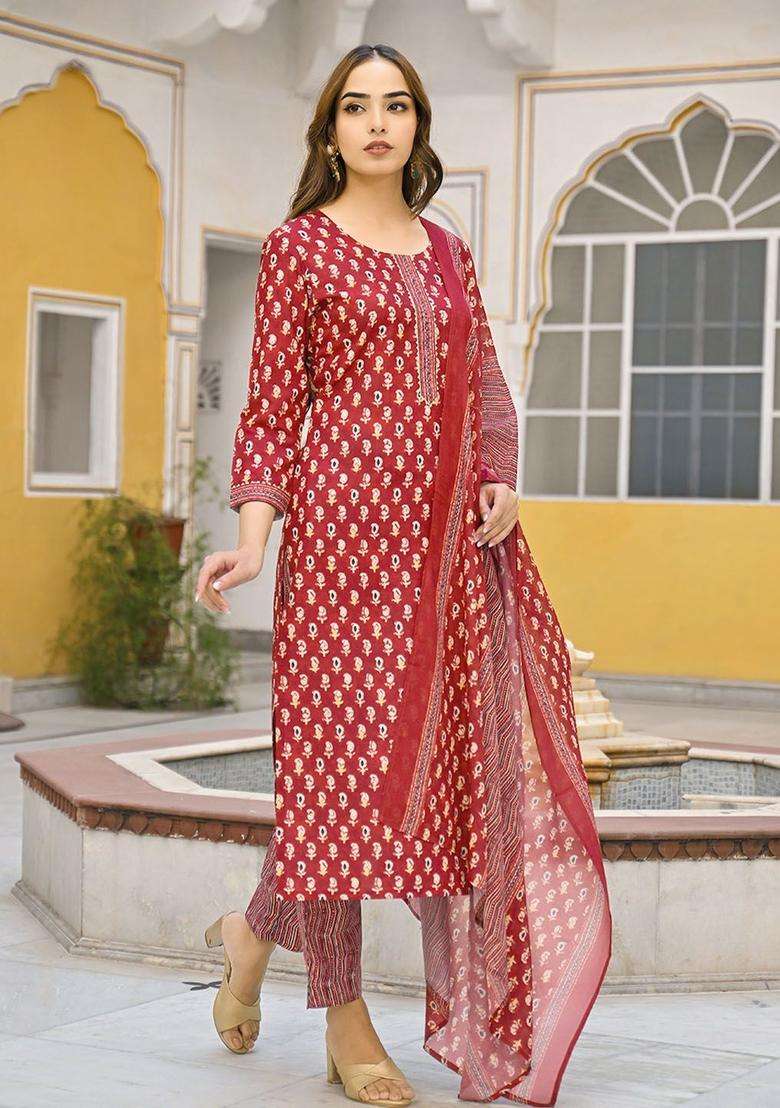 Maroon Printed Viscose Kurta Set - Indya