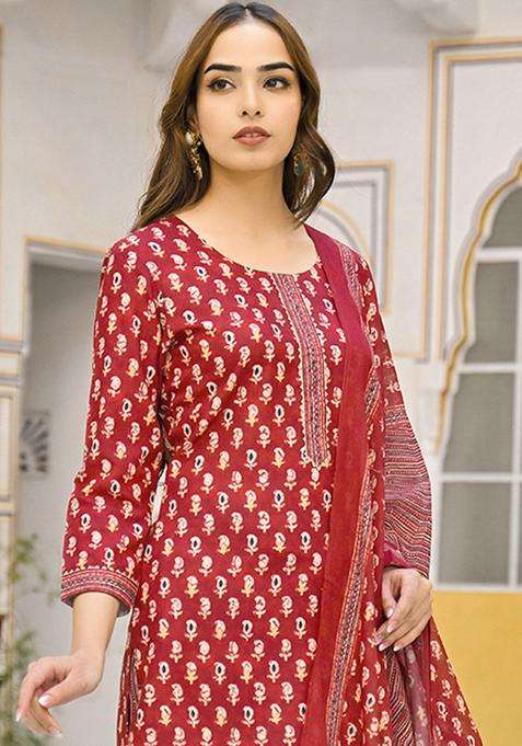 Maroon Printed Viscose Kurta Set