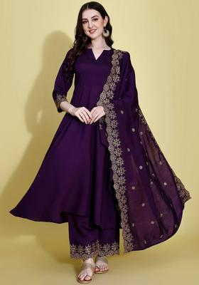 Purple Solid Silk Blend Kurta Set
