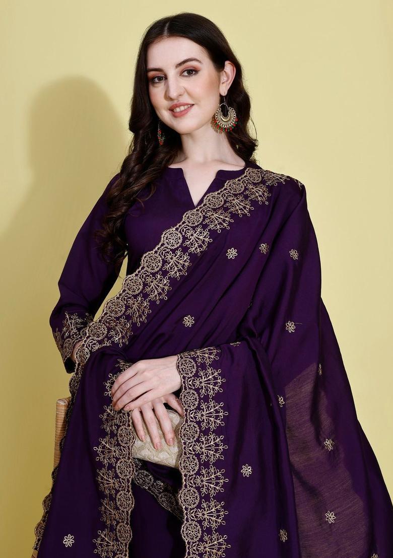 Purple Solid Silk Kurta Set - Indya