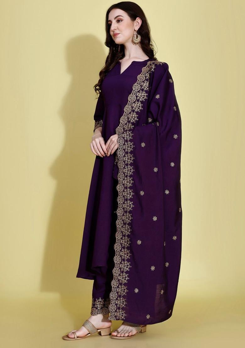 Purple Solid Silk Kurta Set - Indya