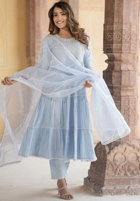 Blue Yoke Design Cotton Kurta Set