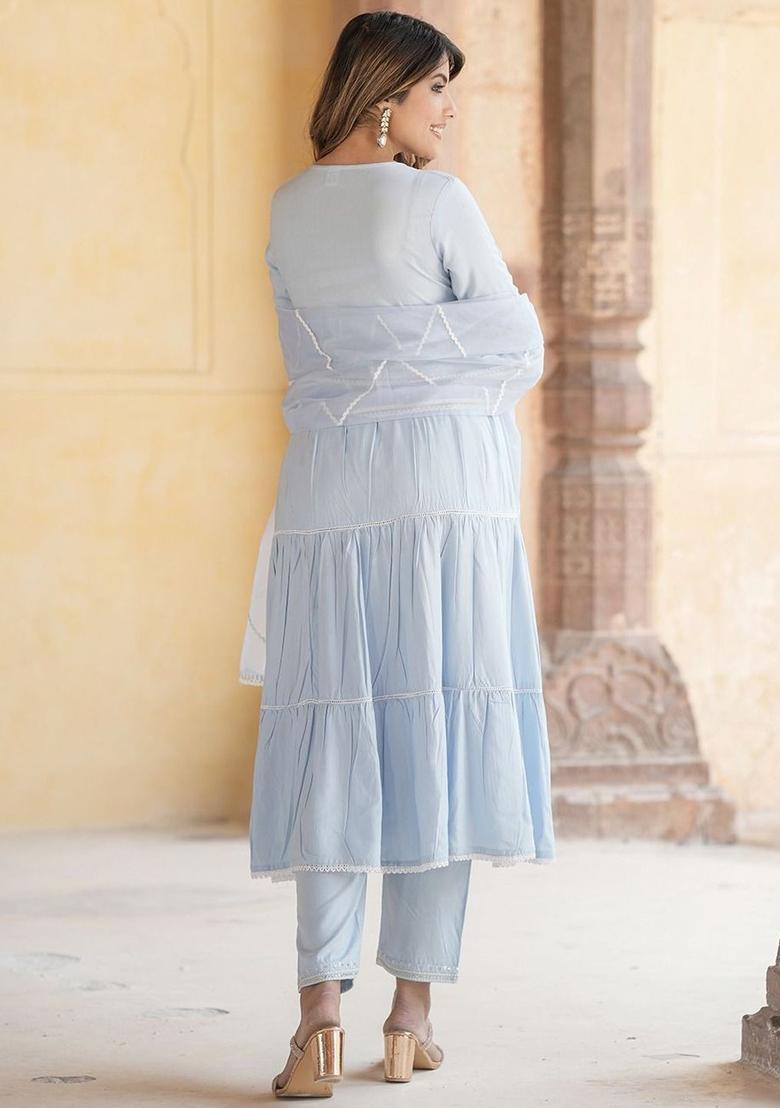 Blue Yoke Design Cotton Kurta Set - Indya