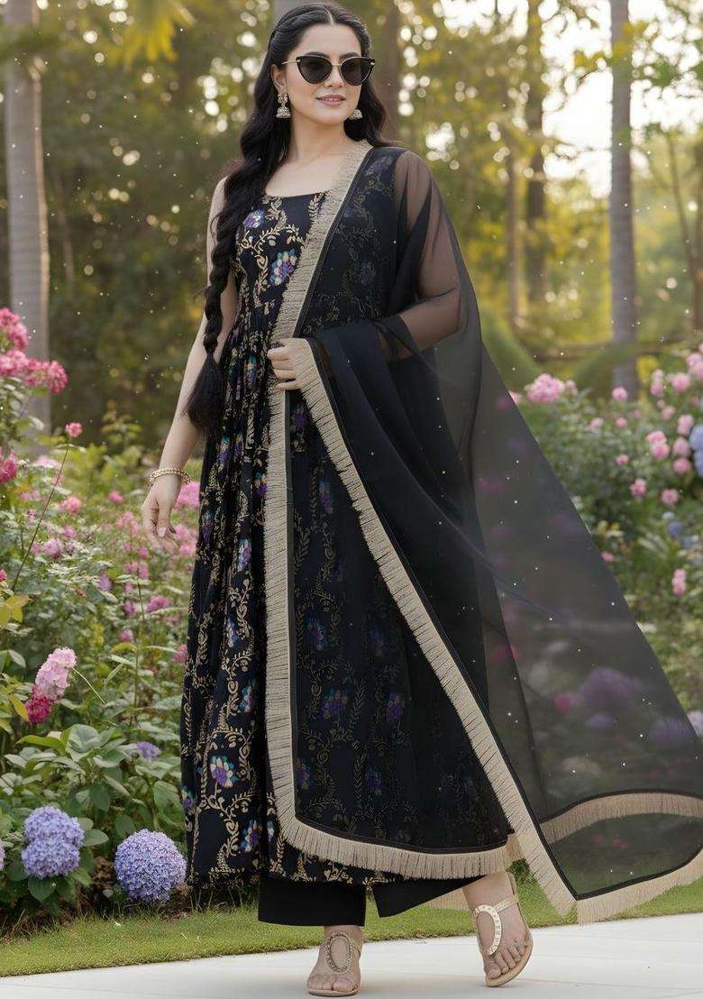 Black Printed Cotton Kurta Set - Indya