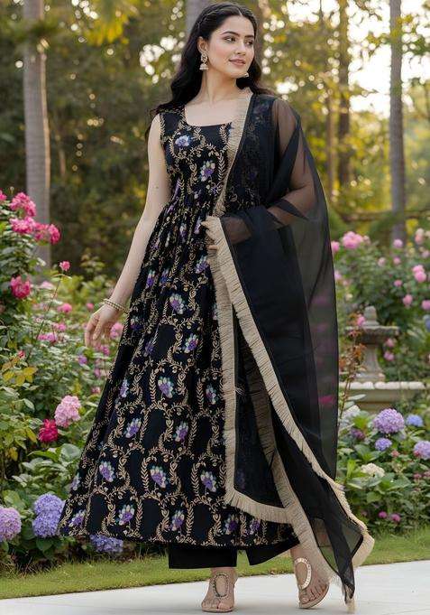 Black Printed Cotton Kurta Set