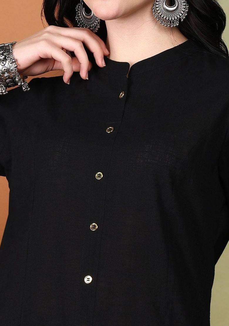 Black Solid Cotton Kurta Set - Indya