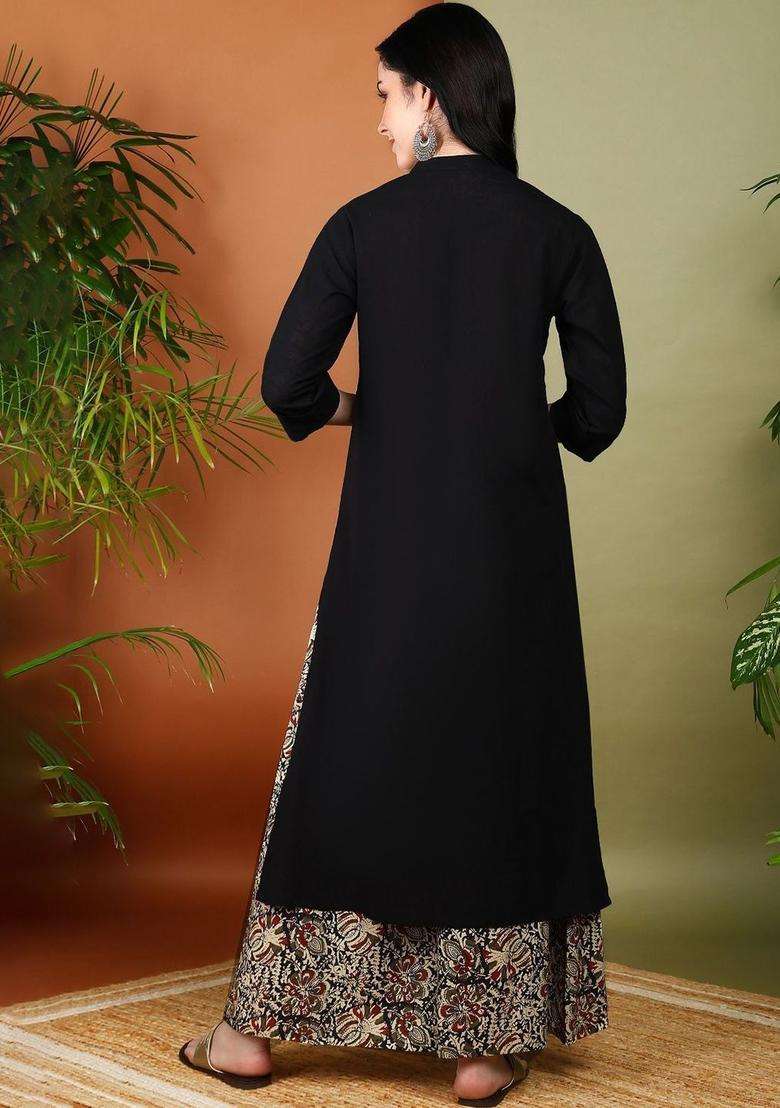 Black Solid Cotton Kurta Set - Indya