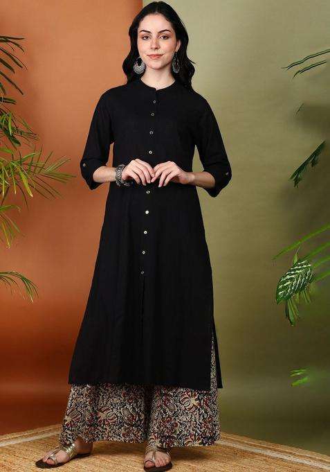 Black Solid Cotton Kurta Set