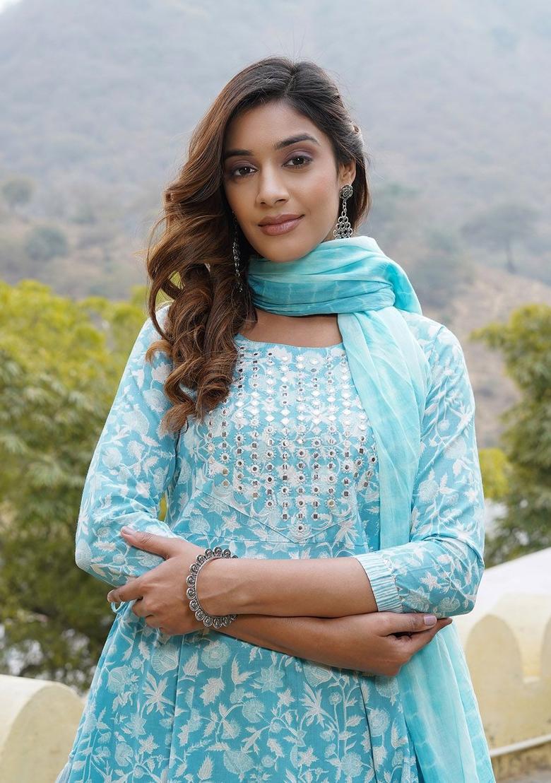 Blue Printed Cotton Kurta Set - Indya