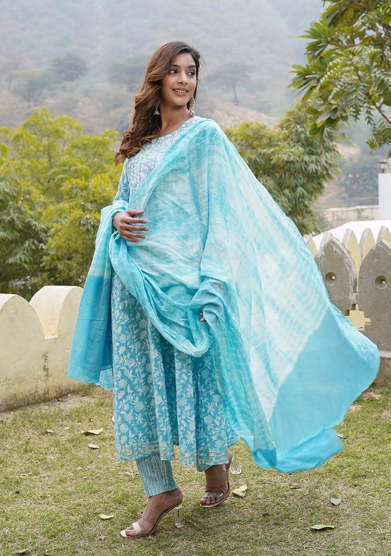 Blue Printed Cotton Kurta Set - Indya