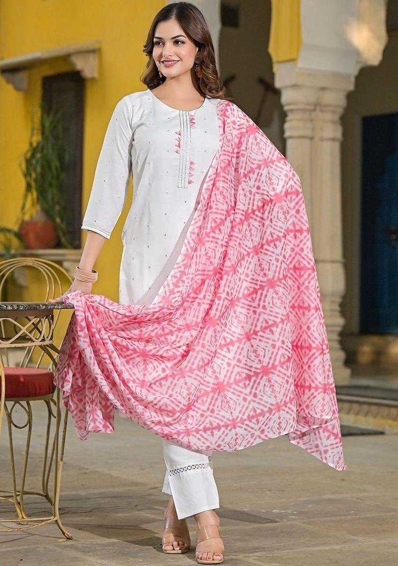 White Solid Cotton Kurta Set - Indya