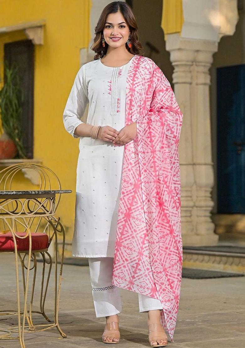 White Solid Cotton Kurta Set - Indya