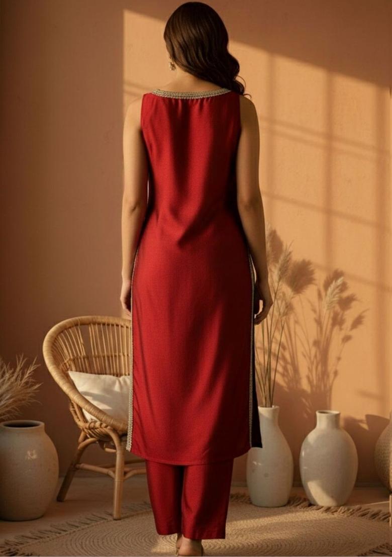 Maroon Solid Silk Kurta Set - Indya