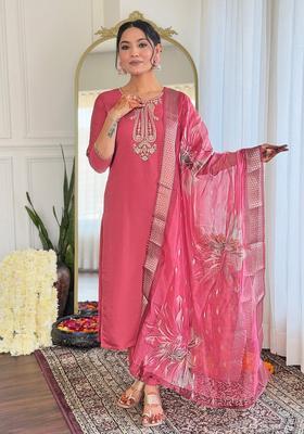 Pink Solid Silk Blend Kurta Set