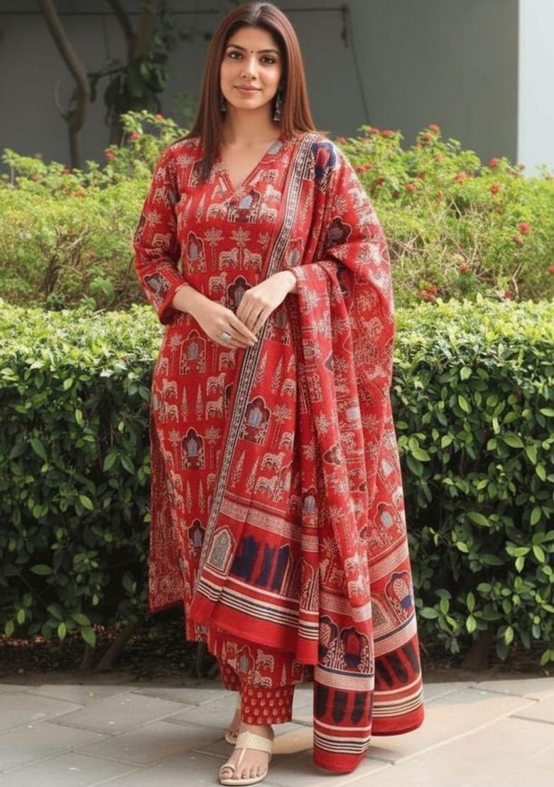 Red Printed Cotton Kurta Set - Indya
