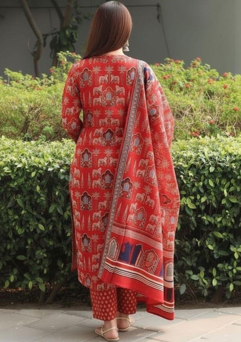 Red Printed Cotton Kurta Set - Indya