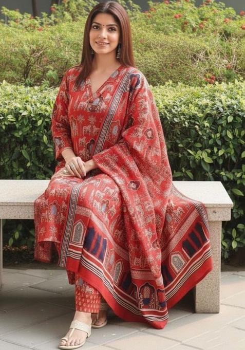 Red Printed Cotton Kurta Set — view on Indya