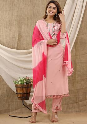 Peach Embroidered Viscose Kurta Set