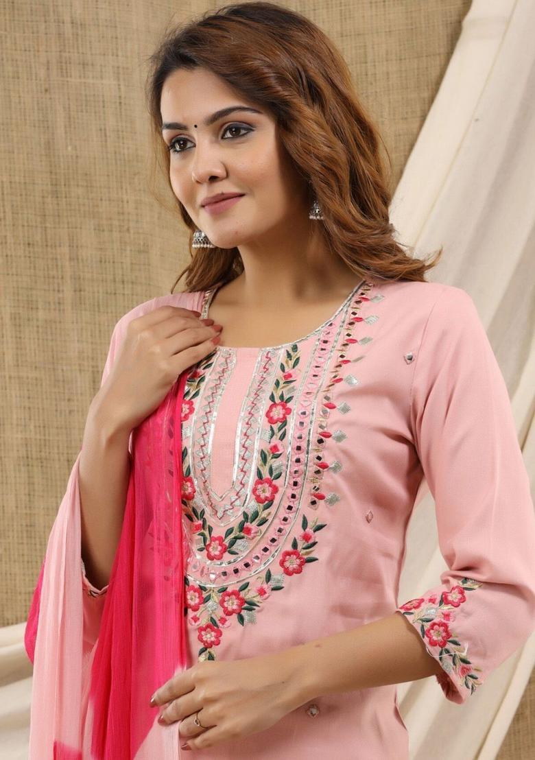 Peach Embroidered Viscose Kurta Set - Indya