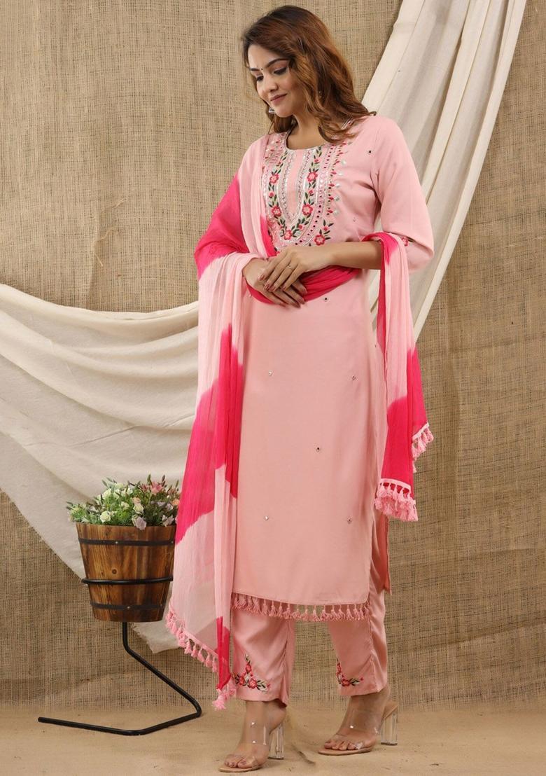 Peach Embroidered Viscose Kurta Set - Indya