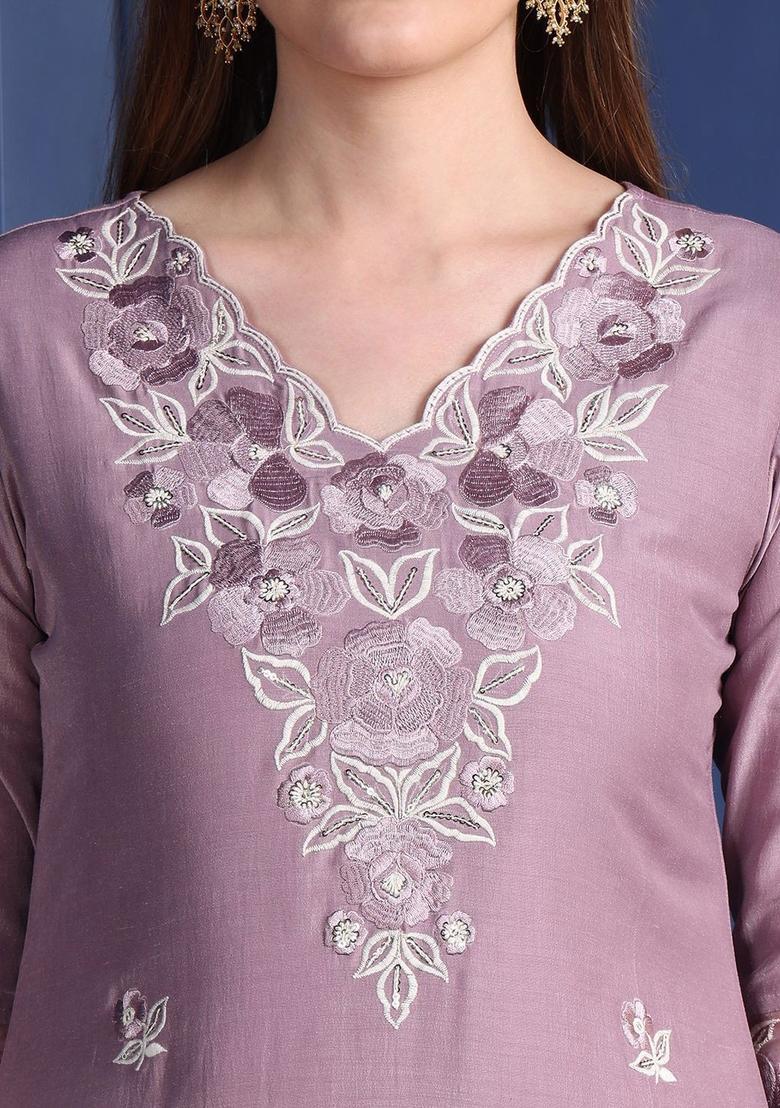 Purple Embroidered Chinon Kurta Set - Indya