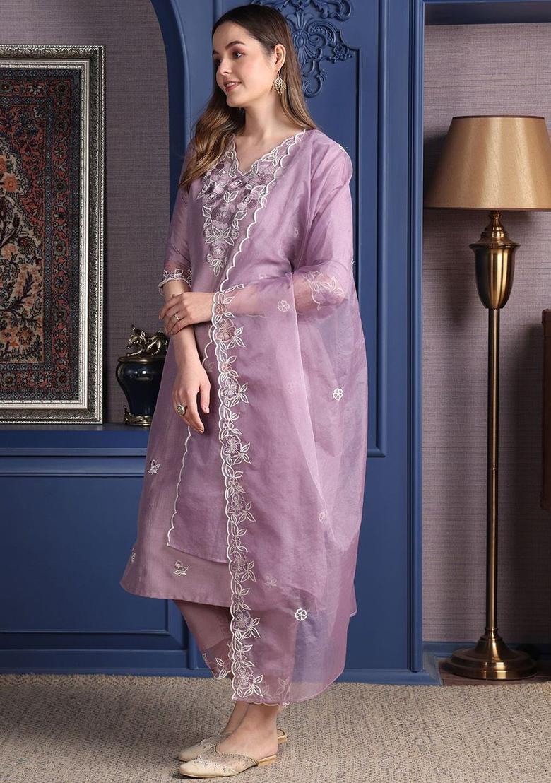 Purple Embroidered Chinon Kurta Set - Indya